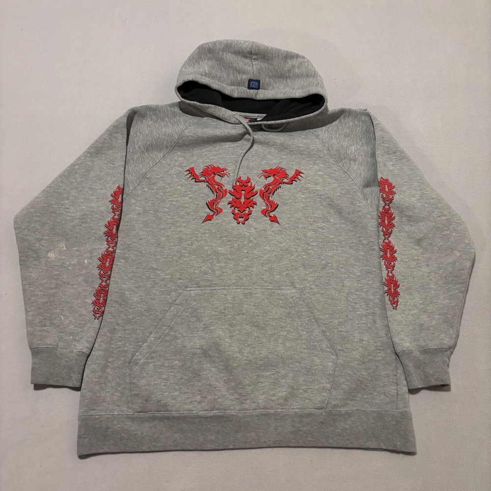 Hardcore Hoodie Gray Y2K Fall Outdoor Graphic Dragon Drawstrings Size Large